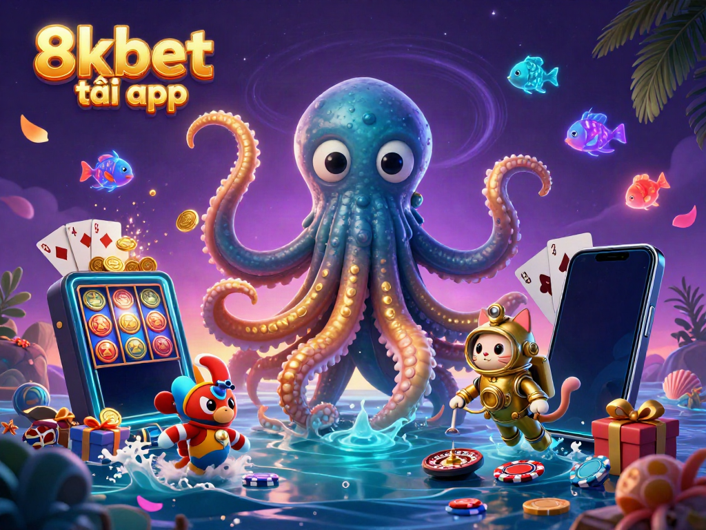 Experience the thrill of 8xbet tải app with a dynamic casino scene featuring a colossal kraken and vintage diver.