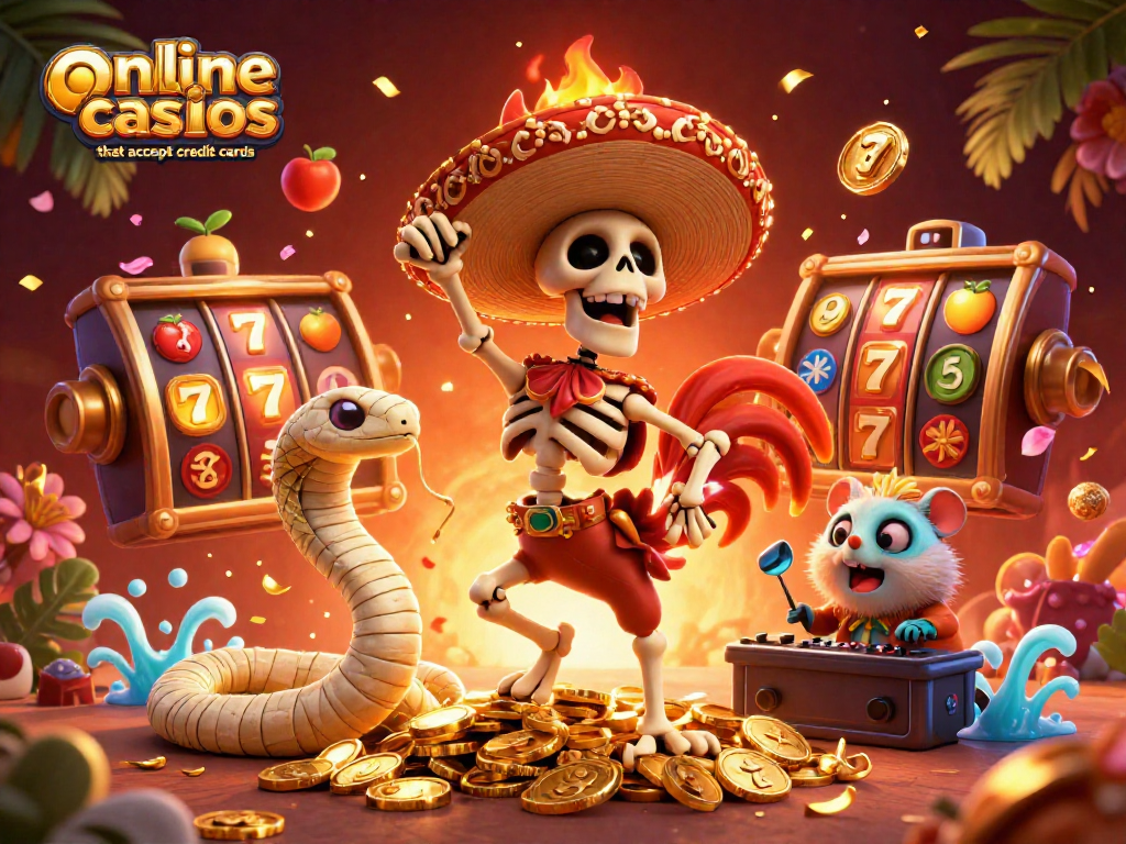 Playing exciting games at online casinos that accept credit cards with vibrant characters celebrating wins.