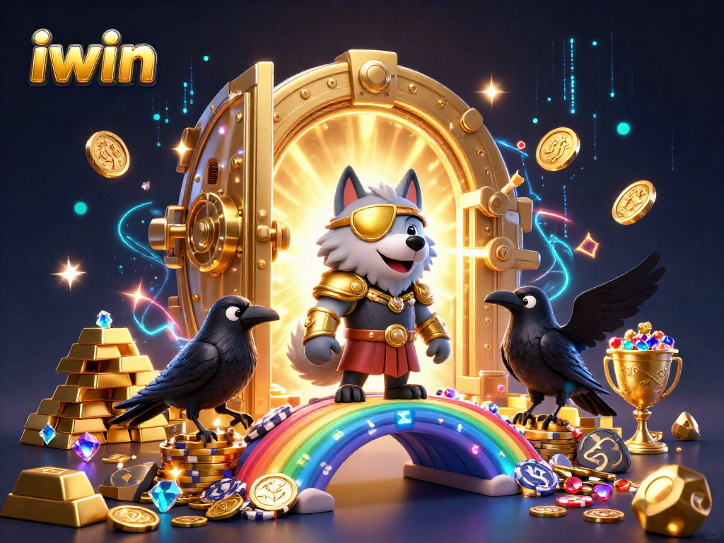 Win big with iwin in this vibrant Norse mythology-inspired casino illustration featuring Odin and riches.