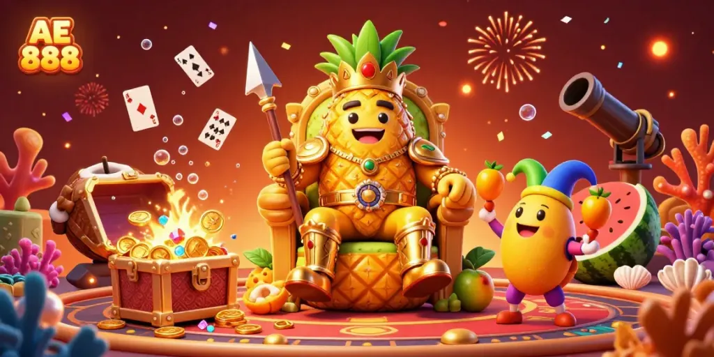 Engage with the vibrant world of AE 888 where the golden pineapple king leads a festive casino experience filled with treasure and excitement.