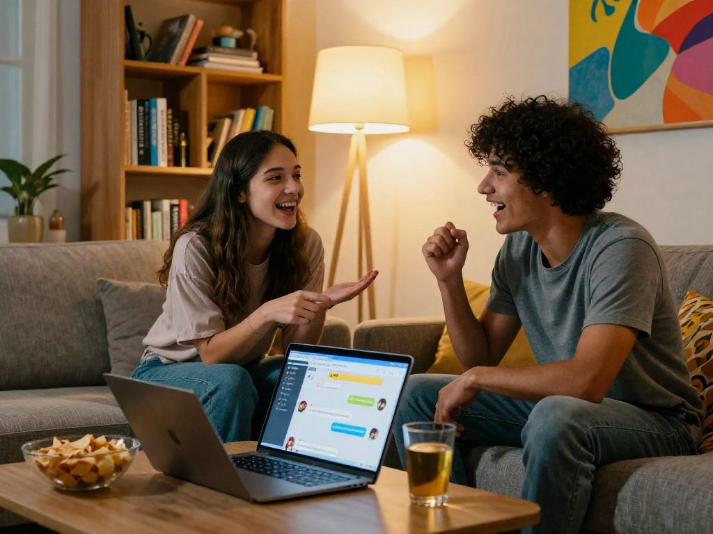 Interactive porn AI chat scene with friends enjoying a cozy living room.