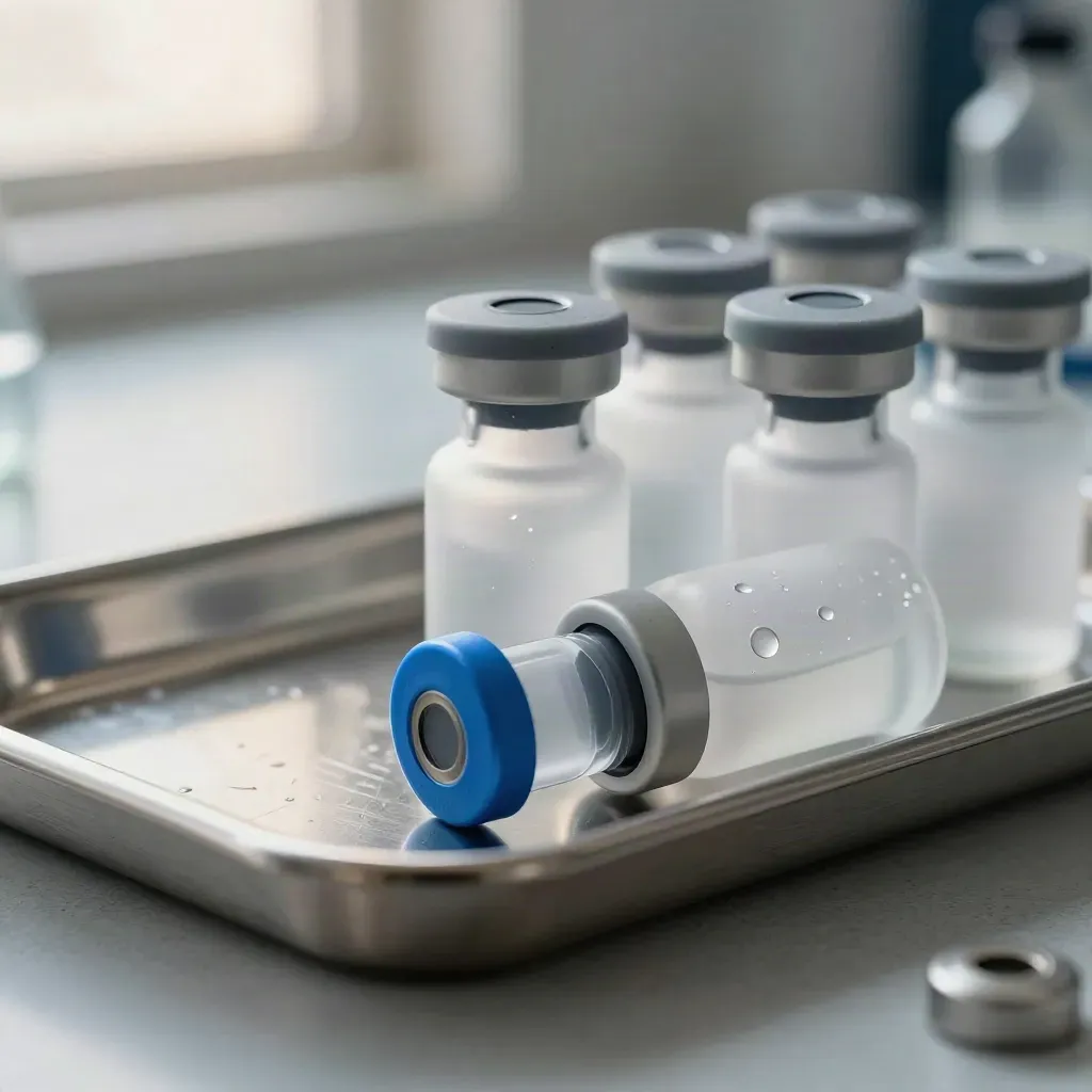 Frosted lab vials, silicone stoppers and a steel cap tray with one vial rolling to rest.