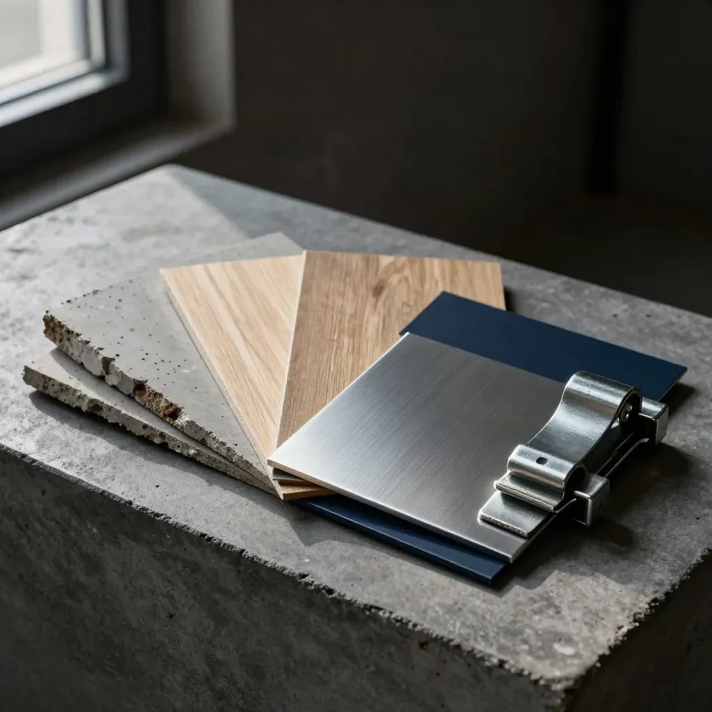 Architectural material samples fanned on concrete under dramatic studio light.