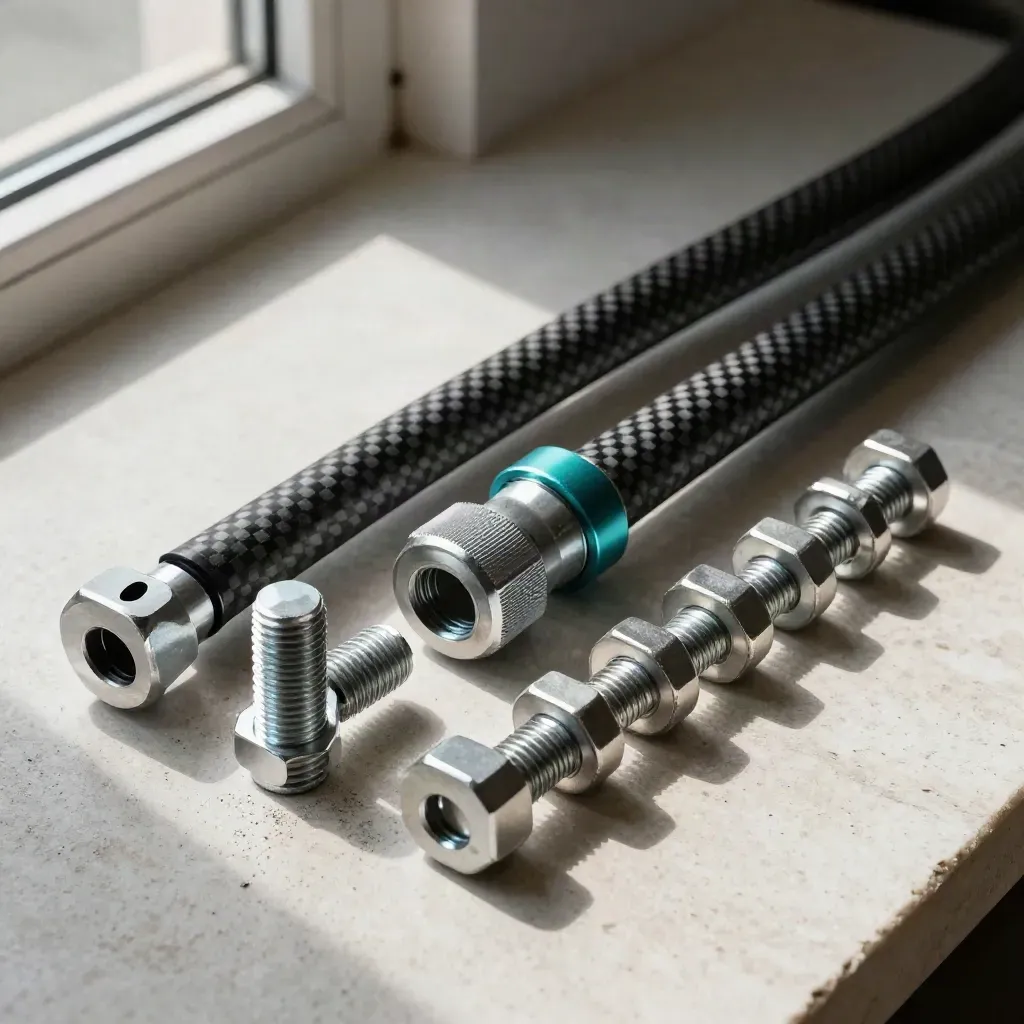 Overhead still life of machined bolts, a hex coupling and carbon-fibre sheath on pale stone.