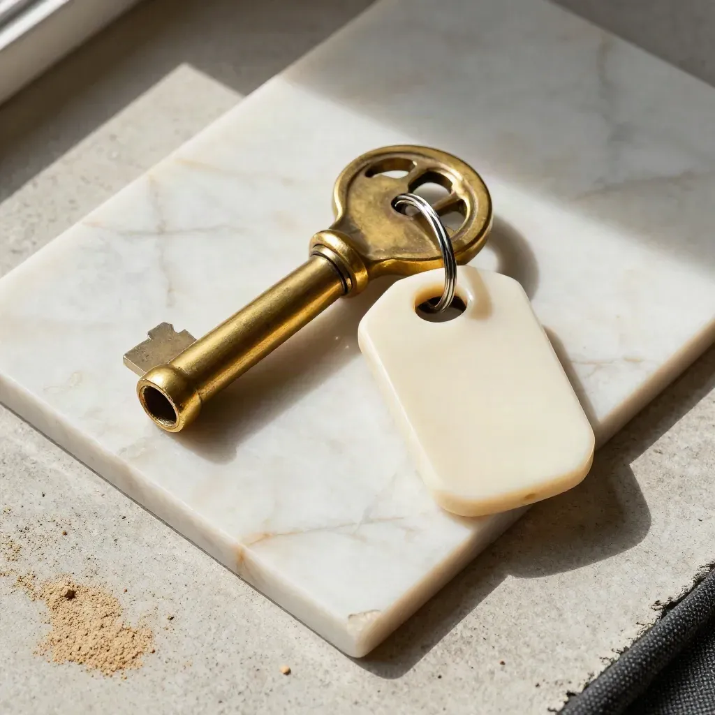 Overhead close-up of brass lock cylinder, blank key fob shell and marble tile offcuts on stone.