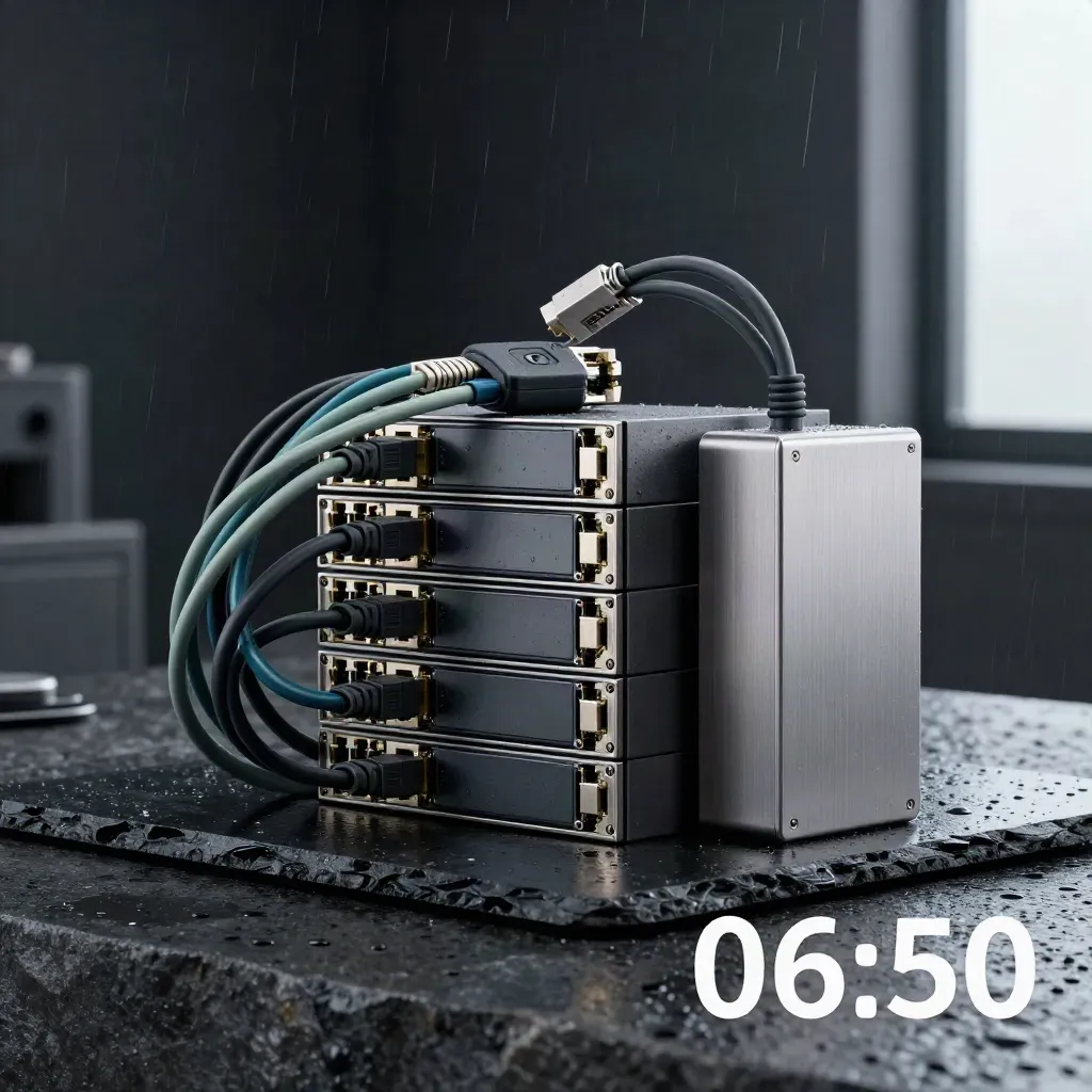 Rain-dark network hardware cluster on slate with mist and a muted teal cable accent.