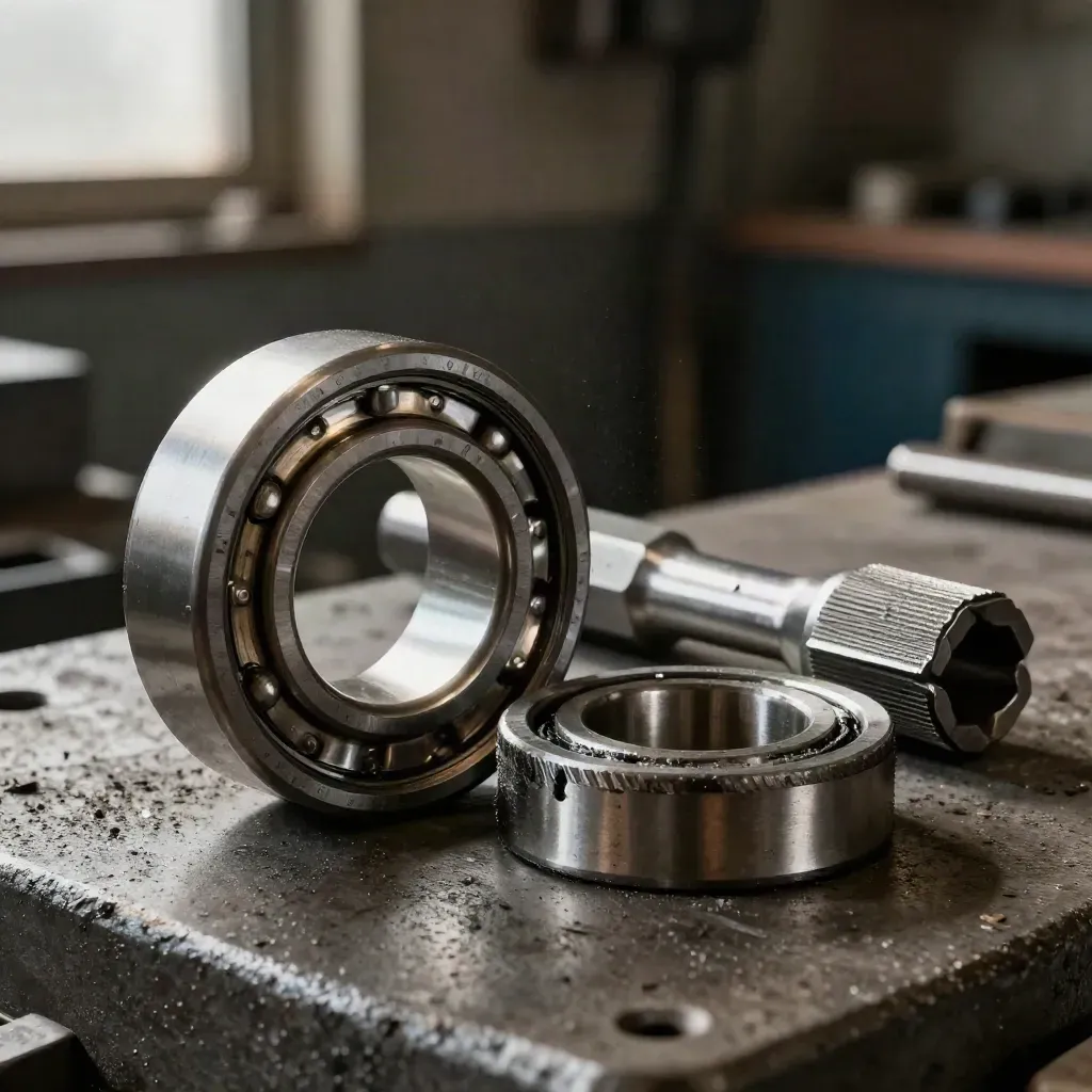 Bearing race, shim pack and socket driver on a concrete bench in dramatic workshop light.