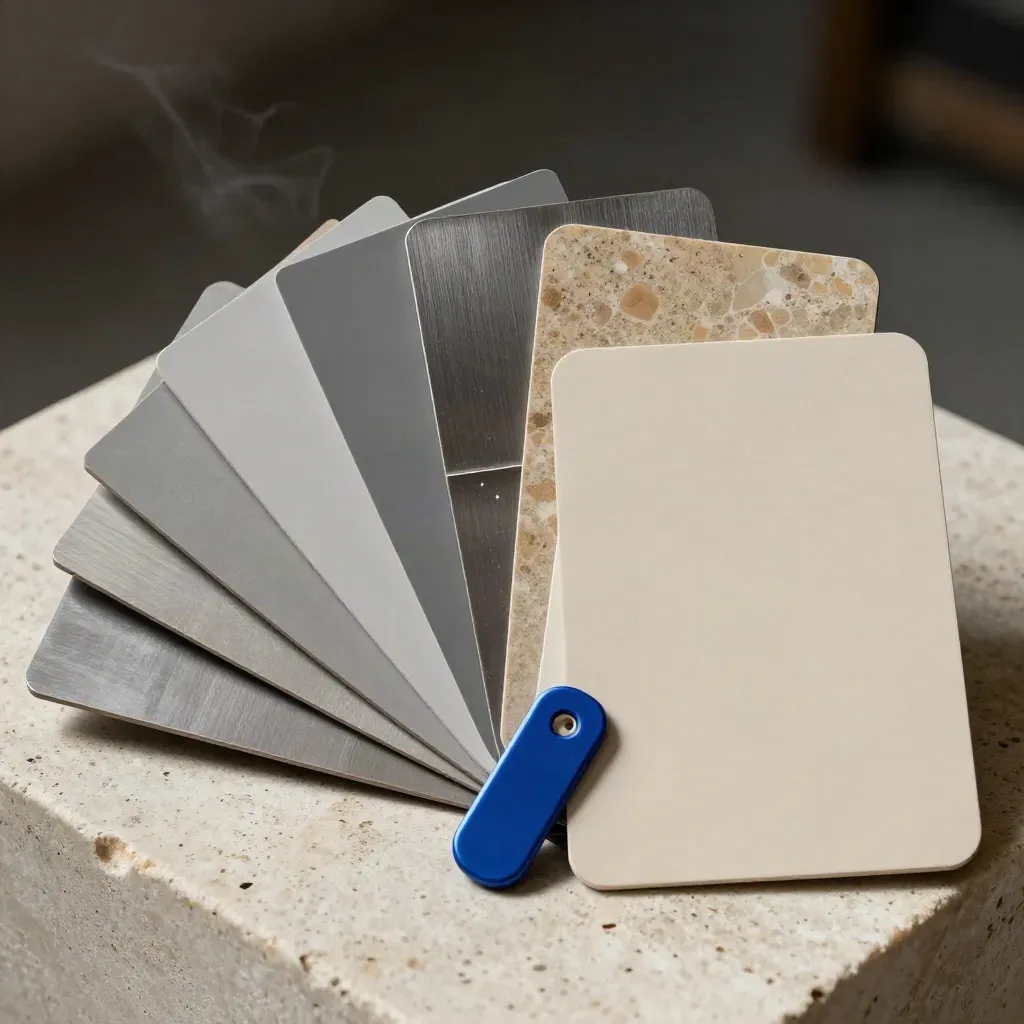 Studio fan of neutral swatches and brushed metal chips with one electric-blue accent.