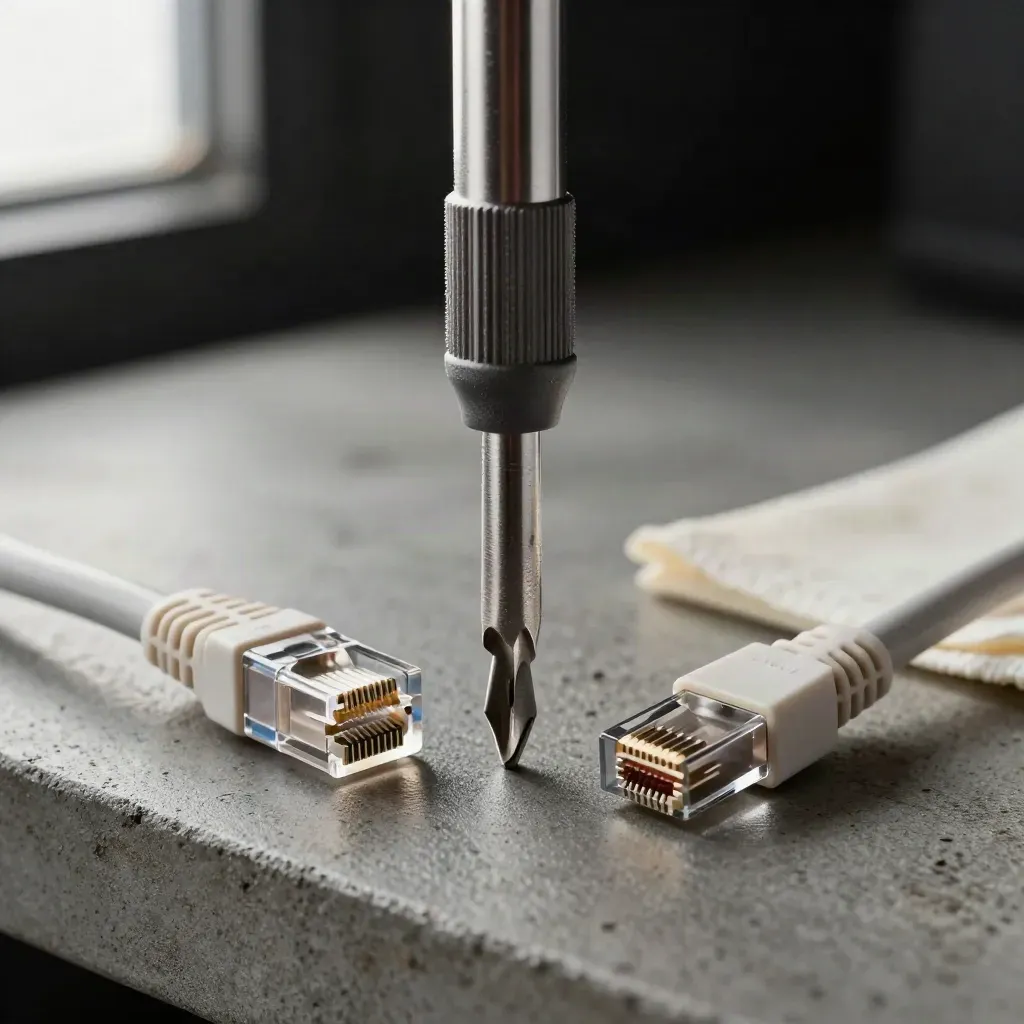 Macro of a screwdriver, Torx collar, and Ethernet plugs on a graphite concrete bench.