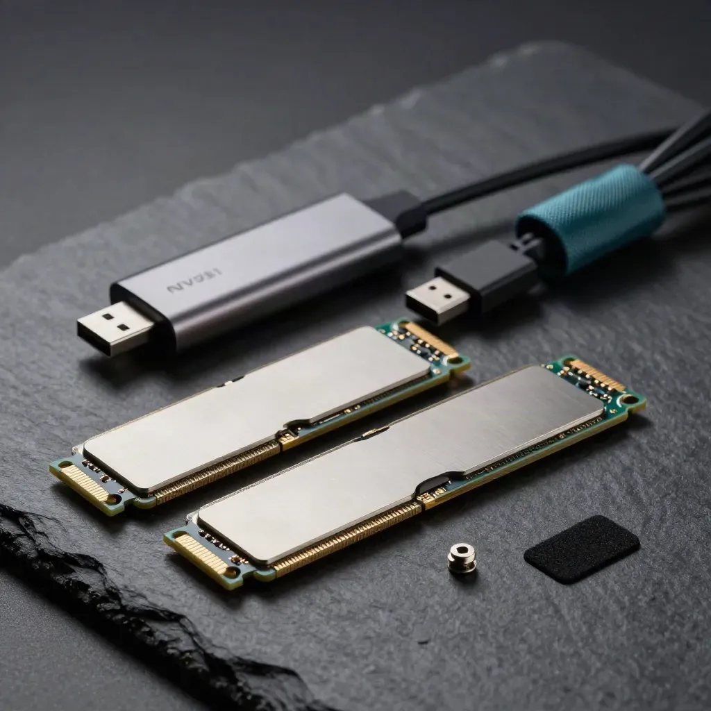 Two NVMe drives, SATA-to-USB adapter and coiled cable on stone, lit in dramatic studio shadow.