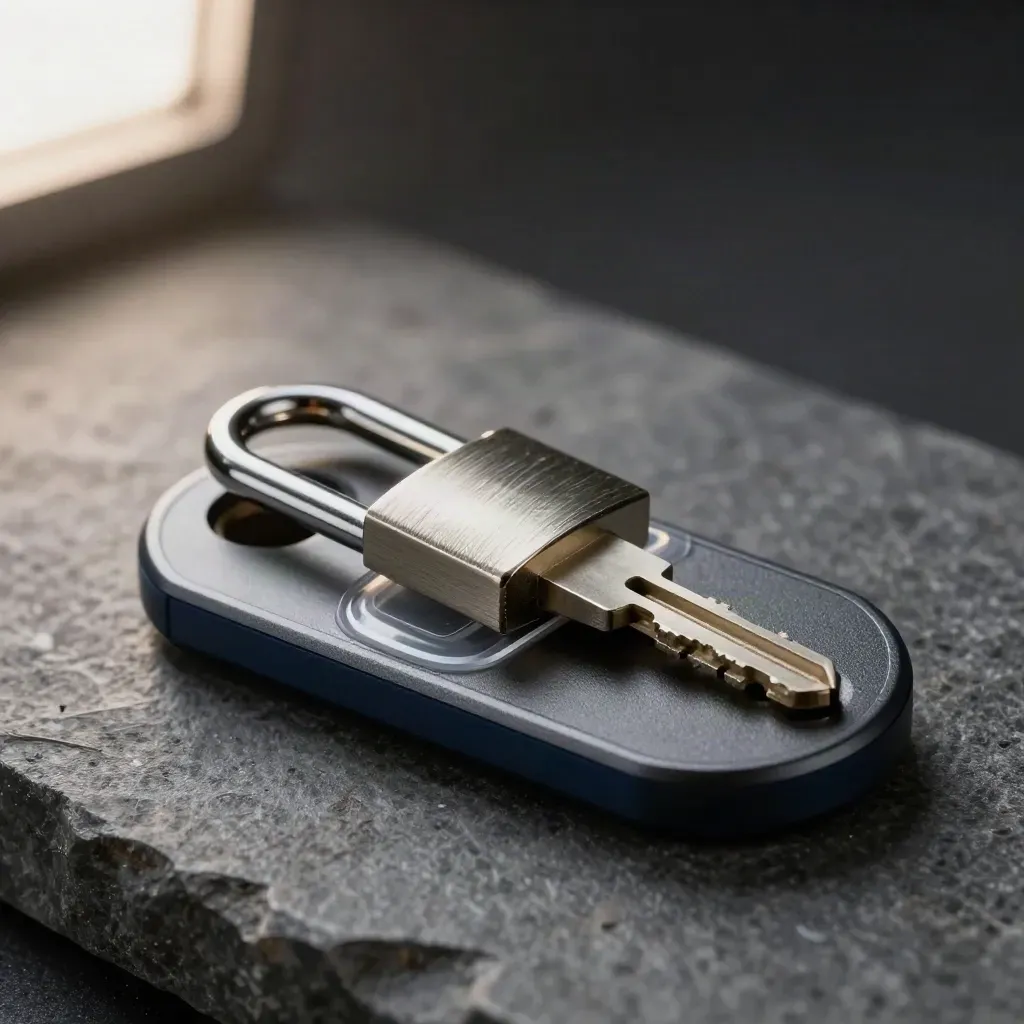 Extreme macro of a security key, tamper seal, and padlock shackle on a graphite stone slab.