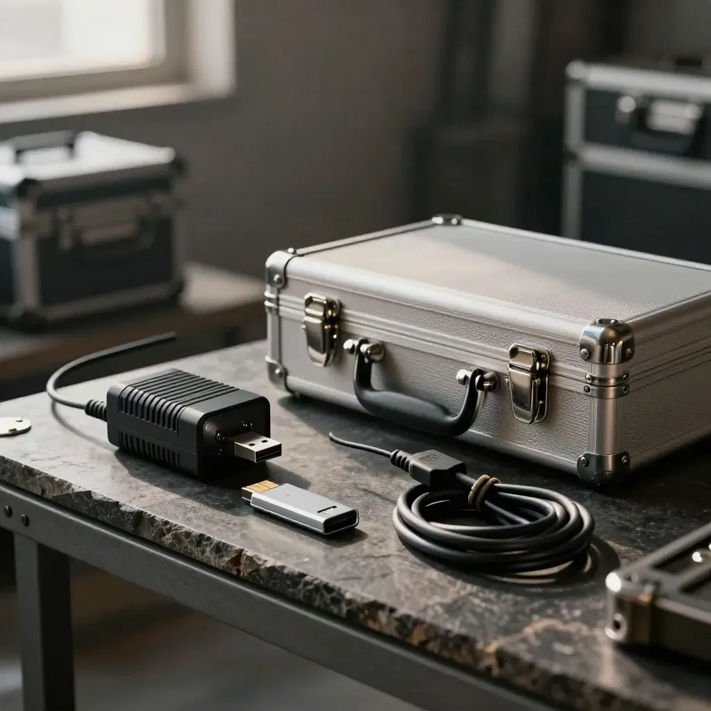 Charge kit, USB stick, SIM tool and briefcase shot through a blurred cable loop in dramatic light.