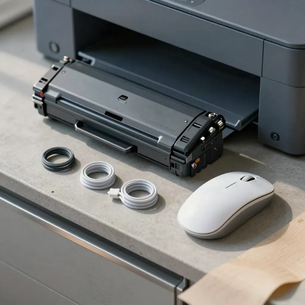 Top-down office refresh kit with toner cartridge, wireless mouse, and cable ties on concrete.