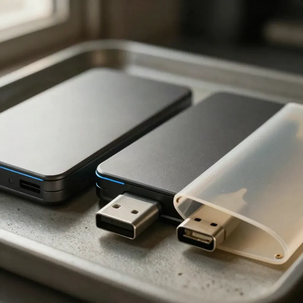 Two external drives, archive sleeve and USB cap in a macro overhead still life