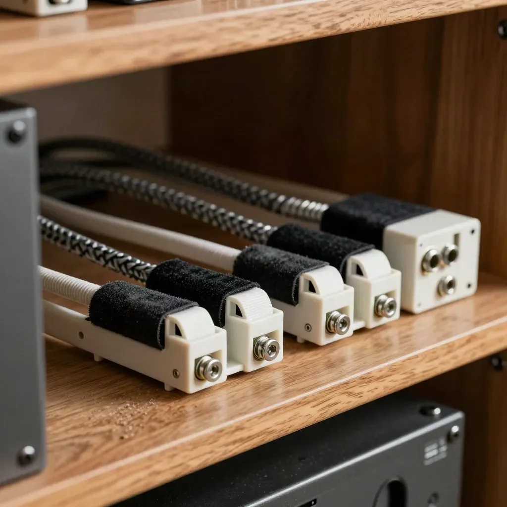 Rack cable manager, Velcro wraps and terminal blocks shot close inside a network cabinet.