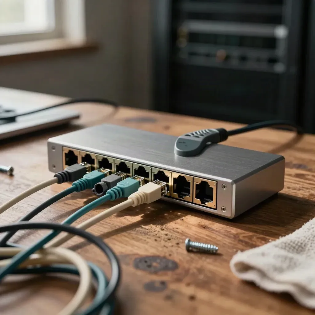 Ethernet switch, cable tester and patch leads on a walnut workbench in dramatic light