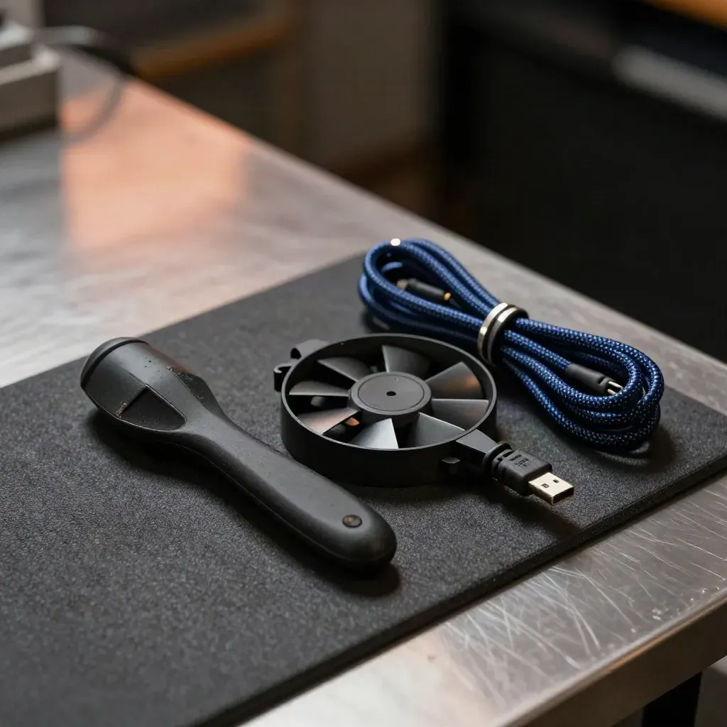Spudger, replacement fan, and braided USB cable on a repair mat in dramatic close-up.