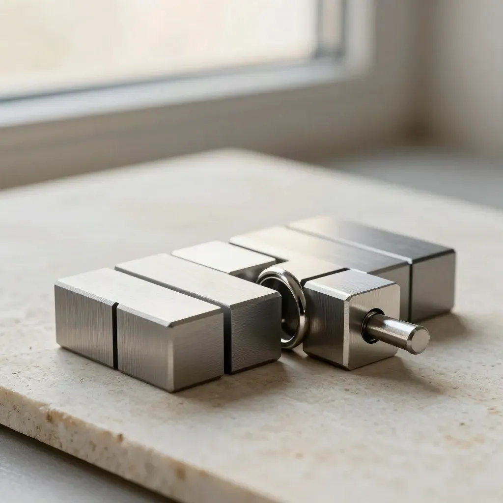 Machined aluminium blocks linked by a ring and pin on pale stone, shot in tight top-down macro.