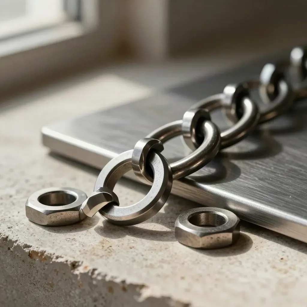 Steel rings, hex spacers, and a brushed metal plate on a warm stone surface under dramatic light.