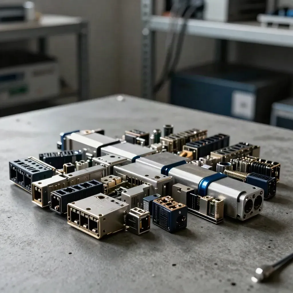 Adapters, expansion blanks and a coupling block on charcoal concrete, lit from upper left.