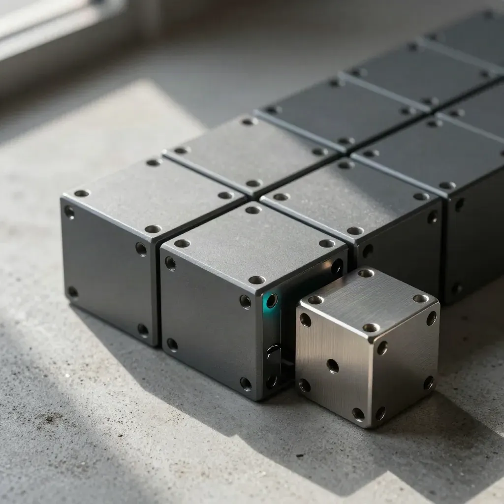 Graphite modular cubes and connectors on concrete with a subtle teal accent.