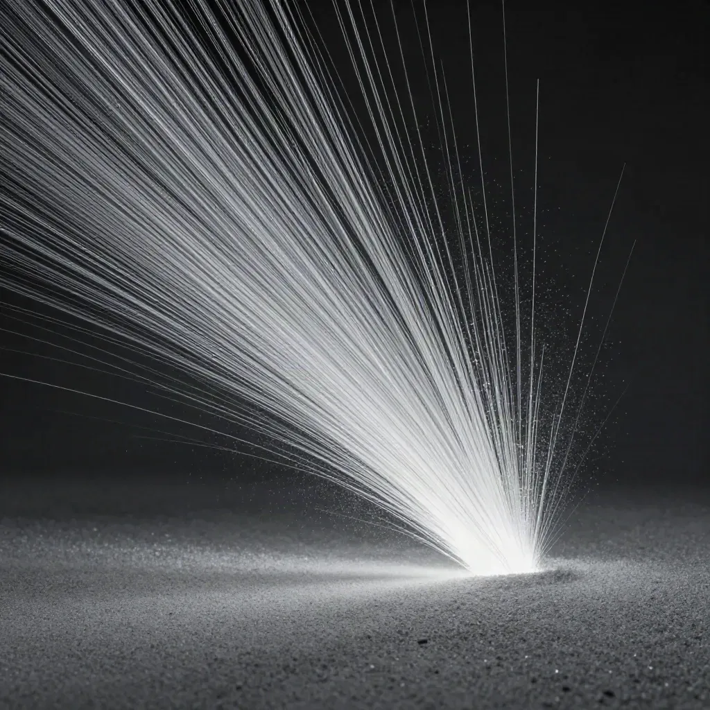 Silver filaments converge into a soft white bloom in dark haze, with drifting motes and calm empty space.