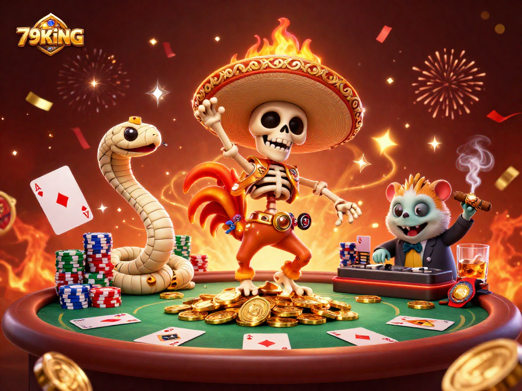 Experience the vibrant thrills of 79KING with a victory dance in a colorful casino scene.