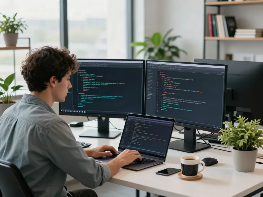 Look at this web-site with a developer immersed in coding at a modern workspace.