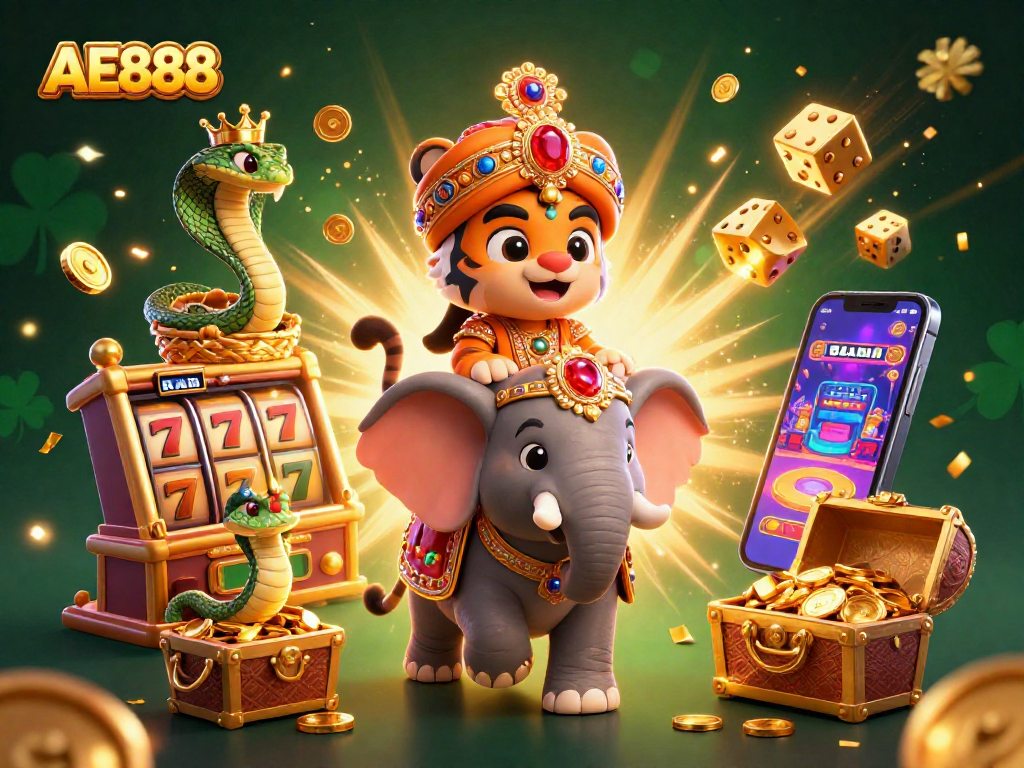 Experience the thrill of AE888 with a vibrant 3D casino scene featuring jackpot wins and dynamic gaming elements.