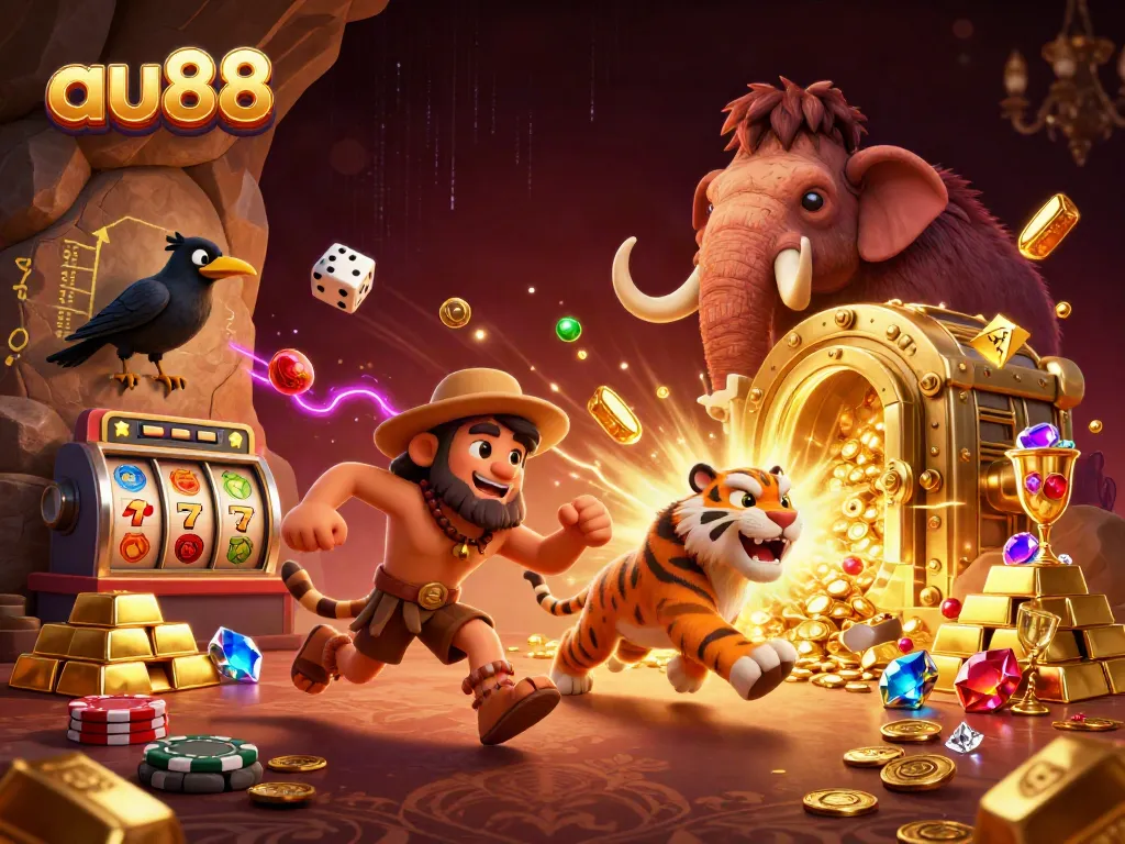 Experience the thrill of au88 with cartoon characters enjoying a vibrant casino atmosphere filled with games.