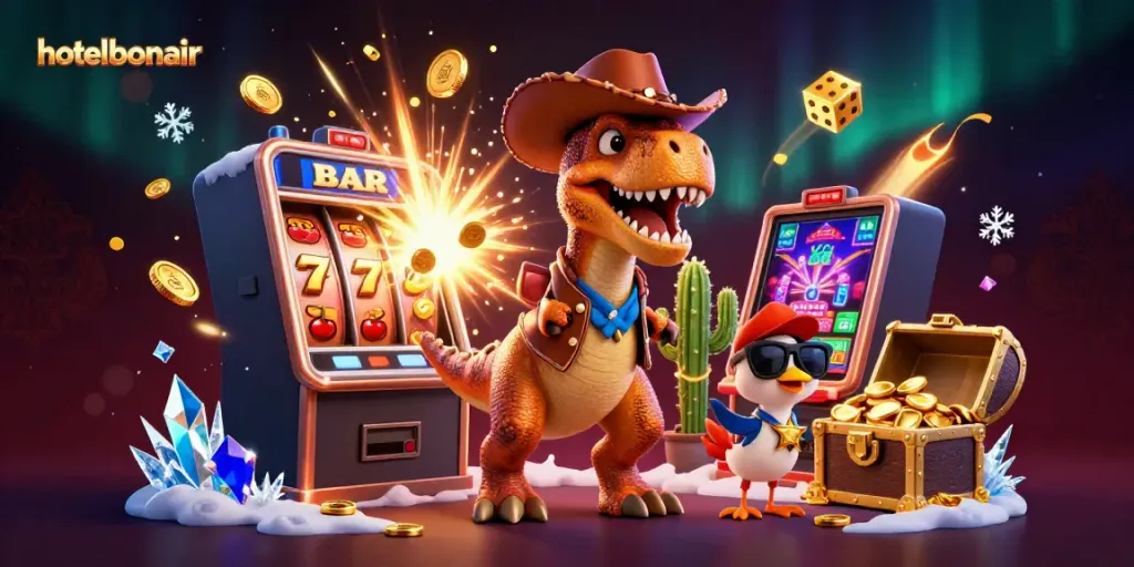 Win big at hotelbonair with a vibrant 3D illustration showcasing engaging casino elements and colorful characters.