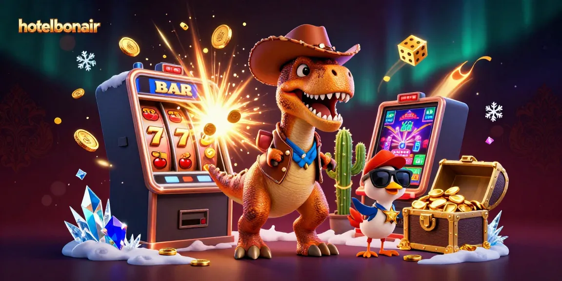 Win big at hotelbonair with a vibrant 3D illustration showcasing engaging casino elements and colorful characters.