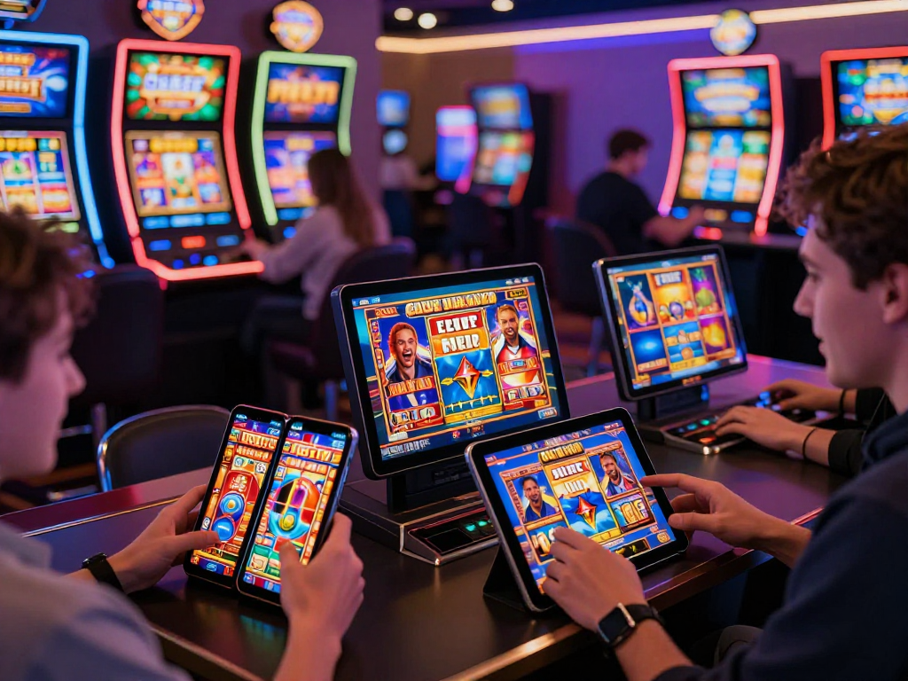 Users engaging with slot88 apk games across devices in vibrant online casino atmosphere