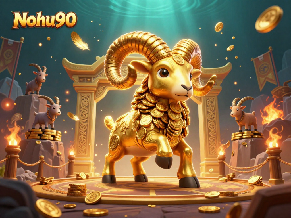 Nohu90 showcases a golden ram charging at a casino-themed golden gate surrounded by striking gaming elements.