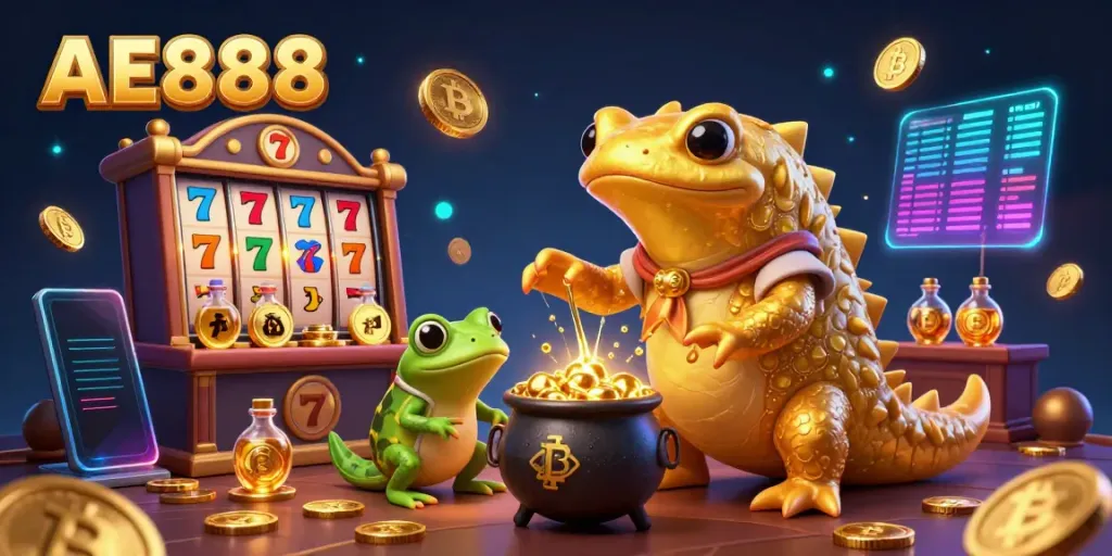 Experience the vibrant excitement of AE888 as a golden salamander alchemist creates wealth in a buzzing medieval casino.