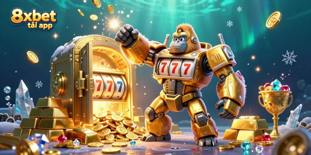 Experience the excitement of 8xbet tải app with a dynamic scene featuring a golden gorilla mech and casino treasures.