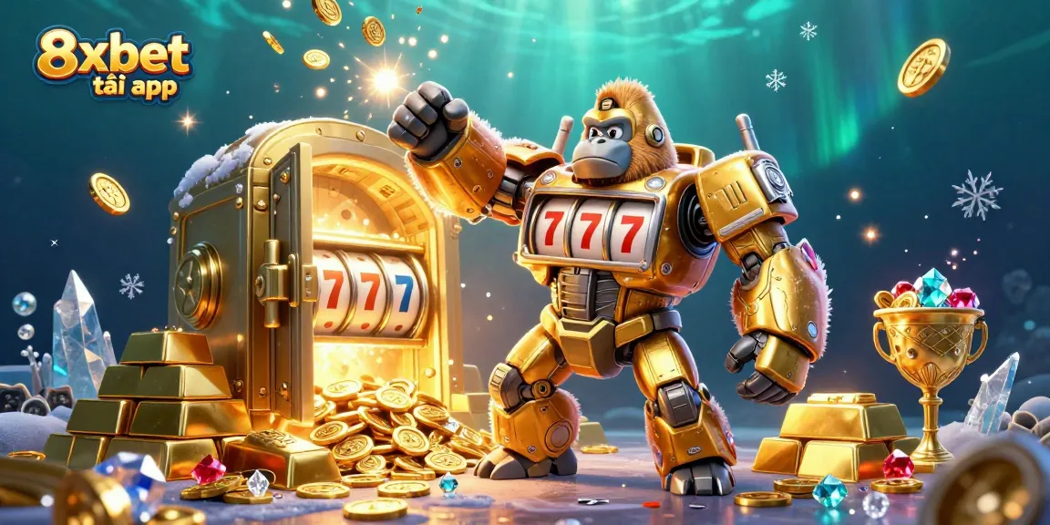 Experience the excitement of 8xbet tải app with a dynamic scene featuring a golden gorilla mech and casino treasures.