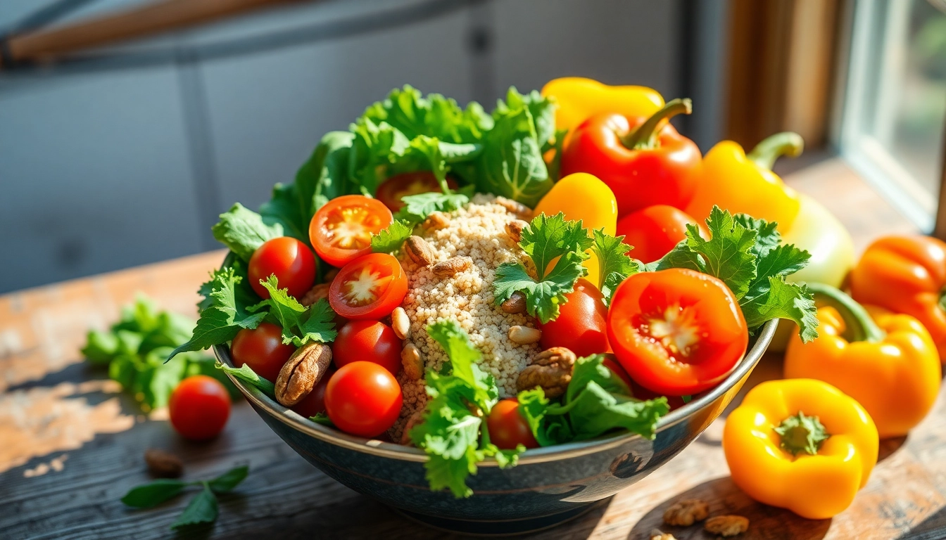 Delicious bowl of healthy food filled with vibrant greens, tomatoes, and nuts.