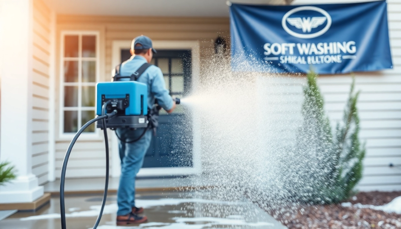Technician operating a soft washing system to effectively clean a home's exterior.