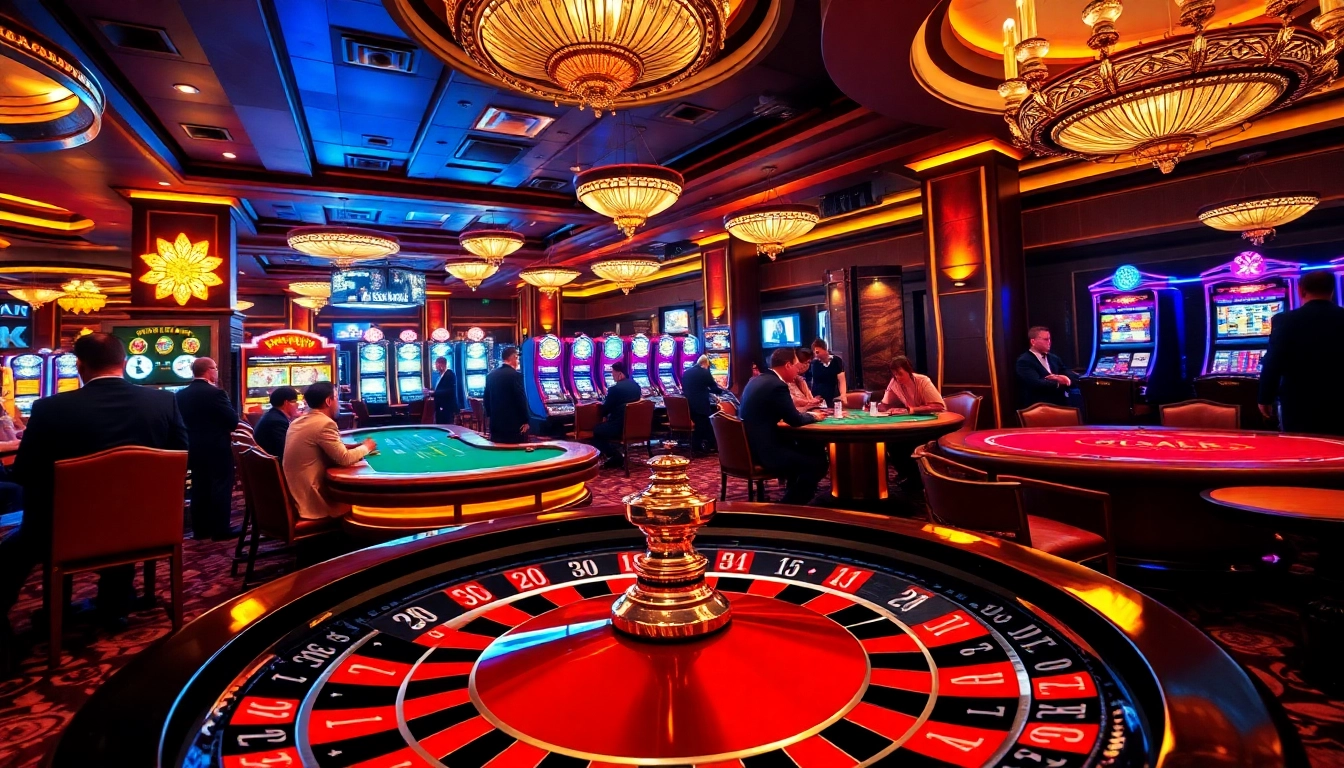 The image captures the excitement of a casino with players engaging at tables, reflecting the "Top 10 nhà cái uy tín" in a lively gambling atmosphere.