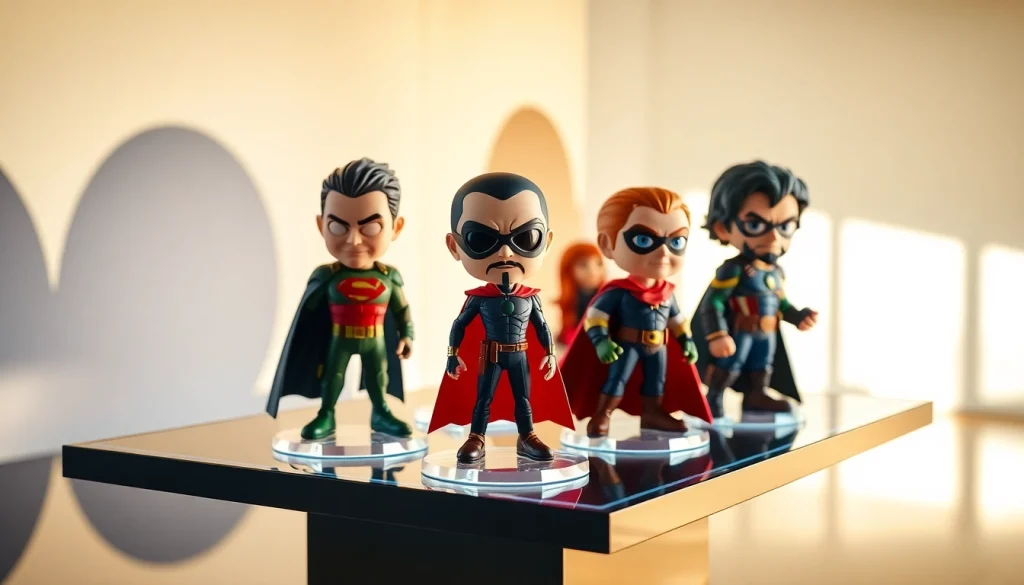 View customizable acrylic standees featuring colorful character designs on display.