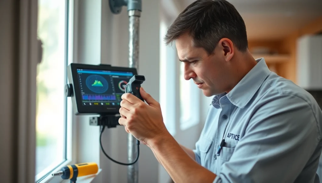 Leak detection specialist near me examining pipes with advanced equipment in a home setting.