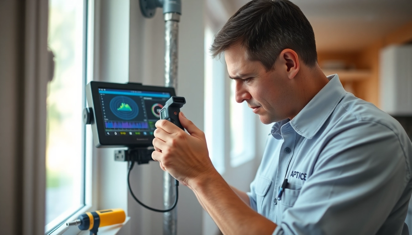 Leak detection specialist near me examining pipes with advanced equipment in a home setting.