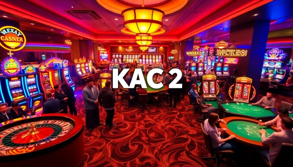 A lively casino scene with players at tables showcasing KJC AC 2 excitement, including roulette wheels, poker chips, and slot machines.