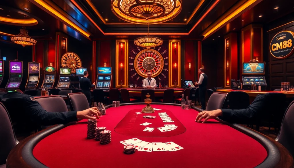 Engaged players at a poker table in an upscale casino environment showcasing the excitement of gambling with CM88 displayed at the bar.