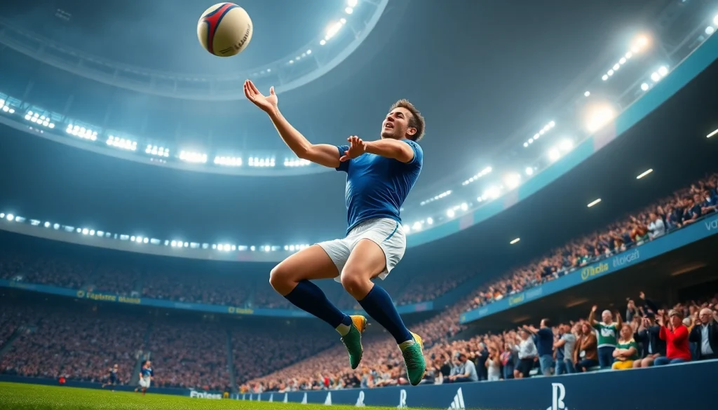 Freddie Steward capturing the ball mid-air during an intense rugby match.