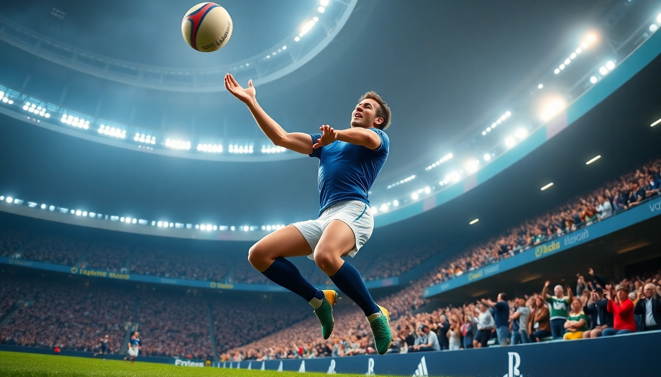 Freddie Steward capturing the ball mid-air during an intense rugby match.