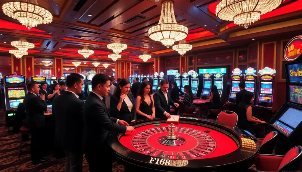 Players enjoying a thrilling game at F168 casino with vibrant tables and slot machines.