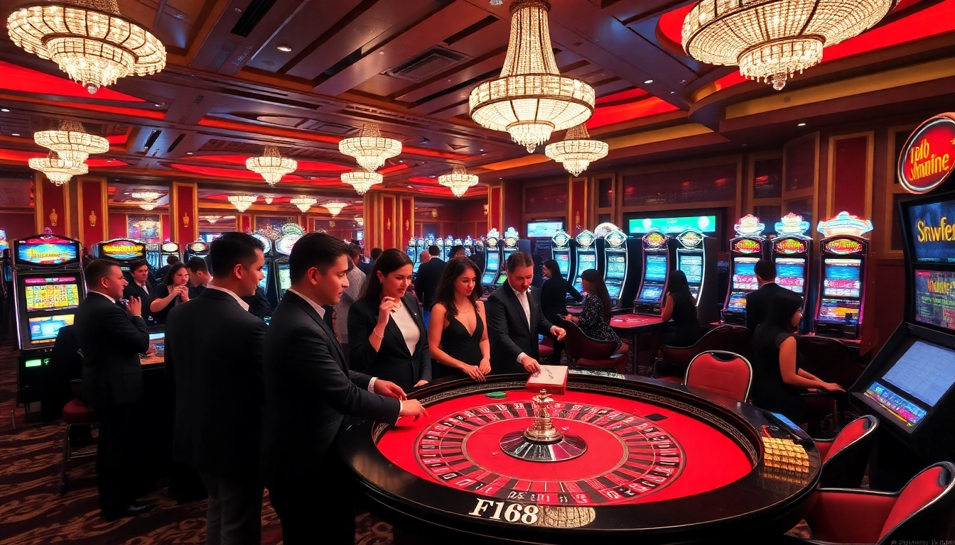 Players enjoying a thrilling game at F168 casino with vibrant tables and slot machines.