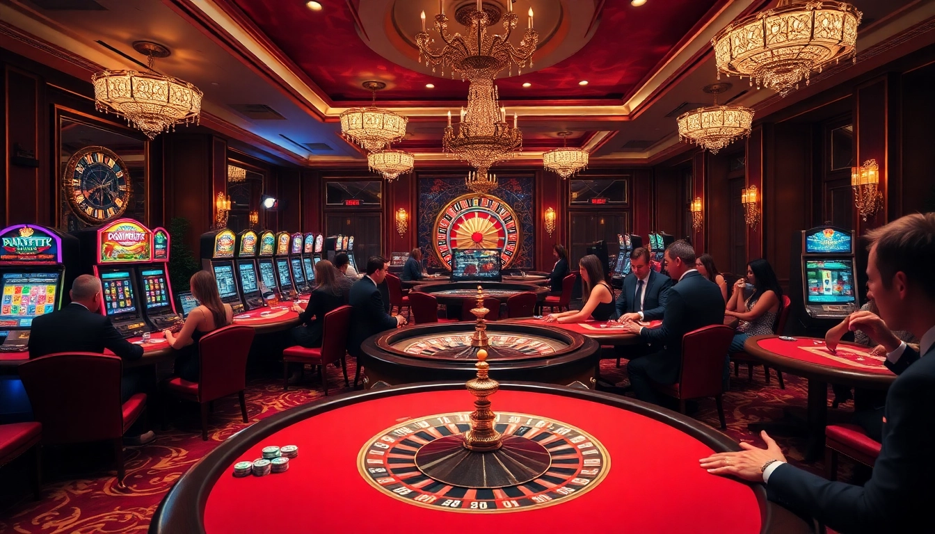 Players enjoying high-stakes gaming at the luxurious 789club casino, featuring vibrant slot machines and poker tables.